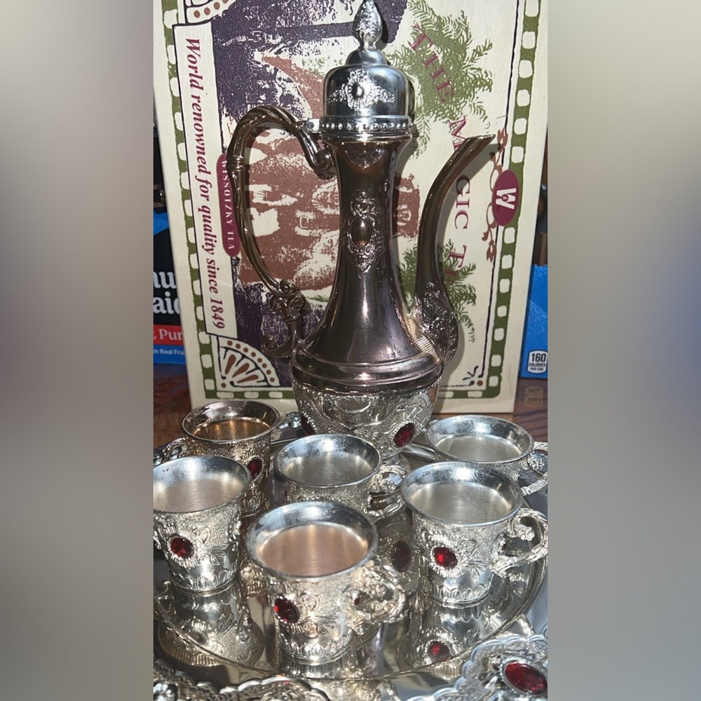Turkish Silver Tea Set with Red Accents